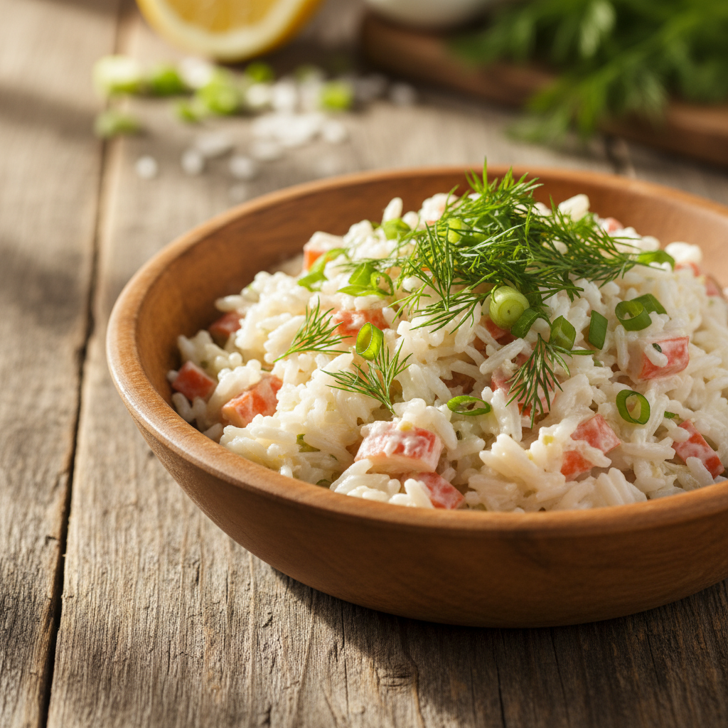 Lihtne ja maitsev riisi-makrasalati retsept minutitega